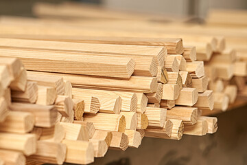 Closeup of a lot of wooden blanks for furniture production.