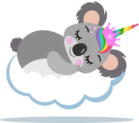 Cute unicorn koala sleeping on cloud