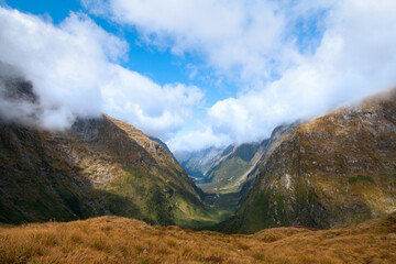 Clinton Valley in Fiordland National Park, the famous Milford Track Great Walk passes through. Scenic view from Mackinnon Pass, New Zealand