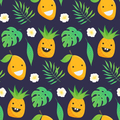 Obraz na płótnie Canvas Seamless tropical fruits pattern. Cute pineapple and mango with leaves.