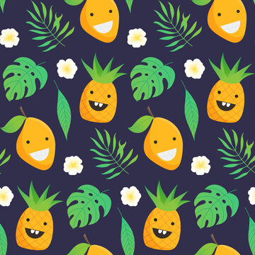 Seamless tropical fruits pattern. Cute pineapple and mango with leaves.