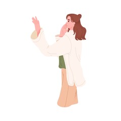 Amazed surprised woman looking at unbelievable, unexpected wonder. Excited astonished person with wow expression. Amazement and astonishment. Flat vector illustration isolated on white background