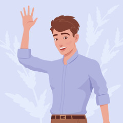 Young happy handsome businessman portrait, hello hand gesture. Smart cute stylish student, guy in formal office wear full sleeves shirt. Vector flat style creative illustration, plant background