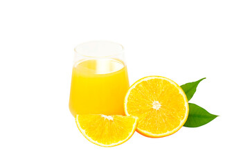 Orange juice in a glass with orange slices and green leaf isolated on white background.