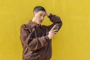 Amazed guy looking at smartphone with her hand in the head. Yellow wall background. Latin american 18-20 years old guy. Outdoor portrait.