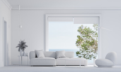 Naklejka na ściany i meble Large living room generated in 3d with large window overlooking the sea. Spacious living room with decoration with sofa and lamp. Natural light with a large window. 