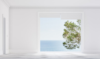 Fototapeta na wymiar Living room with large window overlooking the sea Large areas with walls in different textures with windows made in 3d. Natural lights Rendering product background 3
