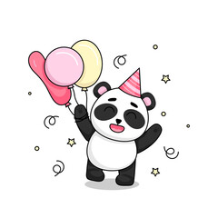 Happy panda in a festive hat with balloons. Cute vector illustration isolated on a white background.