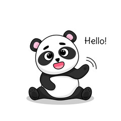 The friendly panda waves his hand. Cute vector illustration isolated on a white background.