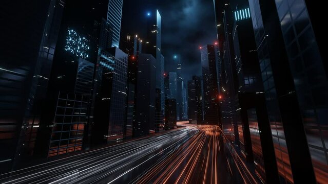 Trail lights from highway and light reflection from buildings in mega city at cloudy night. Seamless loop. Concept of technology background, cyberpunk, fin tech, big data, 5g fast network, AI