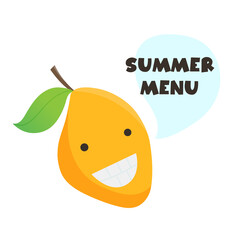 Cute illustration of mango with funny face. Speech bubble with Summer Menu text.