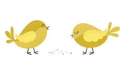 Cute little chickens in cartoon style pecking grain. Farm animals, poultry. Decorative element for Easter cards. Childish is a simple color vector illustration isolated on a white background.