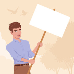 Young handsome businessman holding copy space empty stick banner. Active smart stylish student, guy in formal office wear full sleeves shirt. Vector flat style creative illustration, plant background