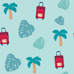 seamless pattern with palm trees , with suitcase on blue . Concept trip on summer vacation. travel,