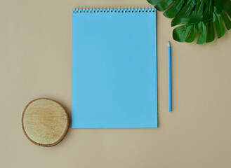 The concept of environmentally friendly materials. A notebook made of processed paper with a pen on a beige background with a sheet of monstera and a wooden saw. The theme of love and romance.