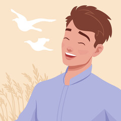 Young happy handsome man, businessman portrait, funny laughing. Smart stylish student, positive emotion guy in formal office wear shirt. Vector flat style creative illustration, nature bird background