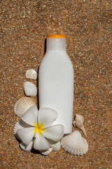 top view of a white bottle with a place for text, seashells and the shadow of a palm tree branch. Presentation of a cosmetic product. Protection of the skin from the sun. Sun protection cream
