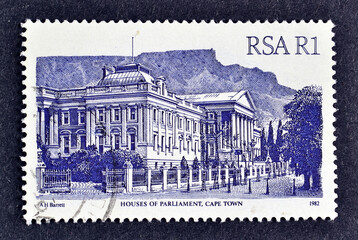 Cancelled postage stamp printed by South Africa, that shows Houses of Parliament, Cape Town, circa 1982.
