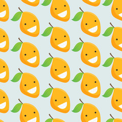Seamless happy mango pattern. Cute cartoon fruits with funny faces. Summer background for kids.