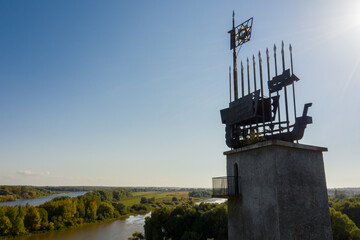 Aerial view of the Victory Monument and the Volkhov River in Veliky Novgorod.