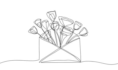 Flower in a letter, envelope. Hand-drawn illustration. Line art.