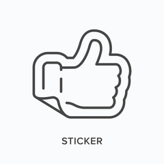 Sticker flat line icon. Vector outline illustration of thumb up. Black thin linear pictogram for stamp finger up