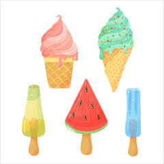 Fruit and berry ice cream. Ice cream in a waffle cup. Fruit ice on a stick. Vector illustration isolated on white background.