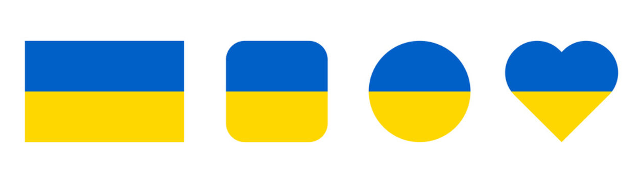 Ukraine flag. Flag of Ukraine. National symbol. Square, round and heart shape. Ukrainian flag symbol. Blue and yellow illustration. Stock vector illustration