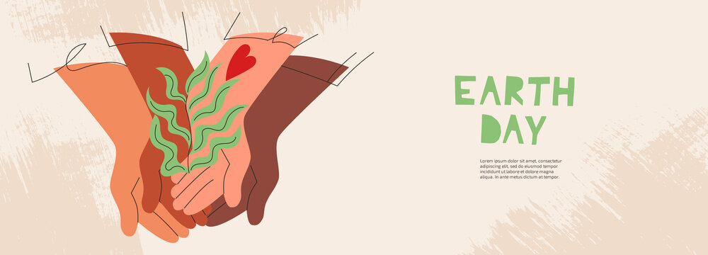Earth Day concept with diverse women's hands holding green sprout vector cartoon illustration banner. Join eco volunteer team. People love nature. Sisterhood collaboration, friendship, ecology protect