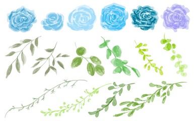 水彩画。水彩画の薔薇と草木のイラストセット。水彩タッチのハーブイラスト。Watercolor painting. A set of watercolor illustrations of roses and plants. Herb illustration with watercolor touch.