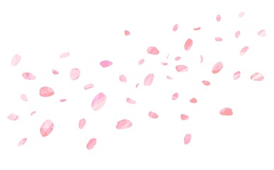 水彩画。水彩画風アナログ加工の舞う桜の花びらイラスト。Watercolor painting. Illustration of dancing cherry blossom petals in watercolor style analog processing.