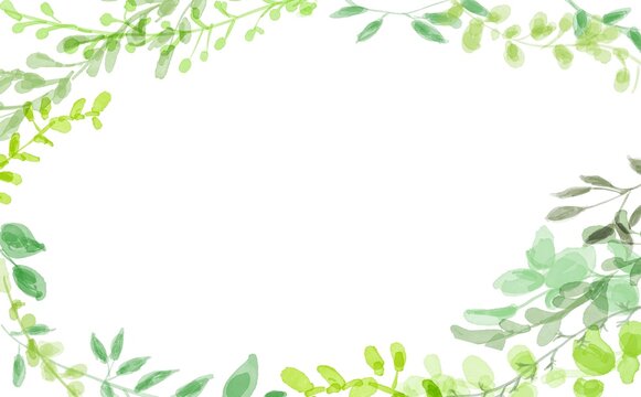 水彩画。水彩画で描いた草木の装飾フレーム。緑のハーブの草木フレーム。Watercolor painting. Decorative frame of plants and trees painted with watercolors. Green herb herbaceous frame.