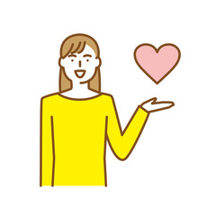 片手を挙げハートマークを掲げる若い女性