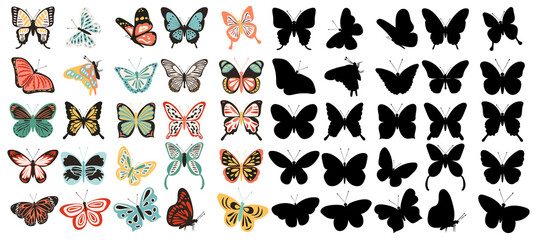 butterflies set silhouette on white background, isolated vector