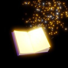Sparkling and glowing magical opened book on the black background 