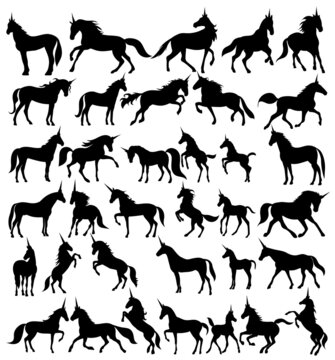 unicorn set silhouette on white background, isolated vector