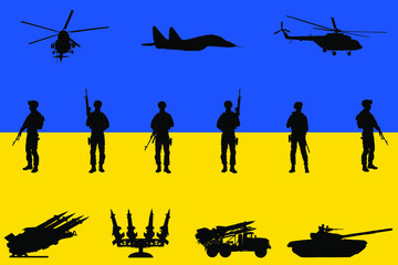 Fototapeta na wymiar Military war action against Ukraine flag vector silhouette illustration. Soldiers with rifle defends country. Air attack with jet fighter and helicopters chopper squad. Tank unit with missiles rockets