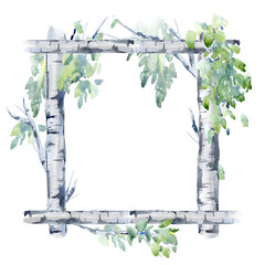 Floral wreath.Frame of a birch tree.Garland of a branches.Watercolor hand drawn illustration.It can be used for greeting cards, posters, wedding cards.	 - 488733765