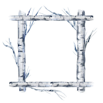 Floral wreath.Frame of a birch tree.Garland of a branches.Watercolor hand drawn illustration.It can be used for greeting cards, posters, wedding cards.	