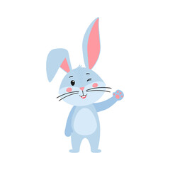 Cute cartoon rabbit or rabbit. The hare smiles and waves his hand. Printing on children's T-shirts, greeting cards, posters. Hand-drawn vector stock illustration isolated on a white background