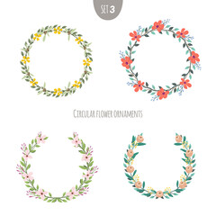 Roses, ruscus, nasturtium, lavender, heather, babys breath, berry and nerium oleander. Flower wreaths set. Green decorative ivy. Spring floral round frames. Creeper plant flat vector illustration
