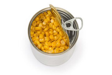 Canned sweet corn in open round tin can, top view
