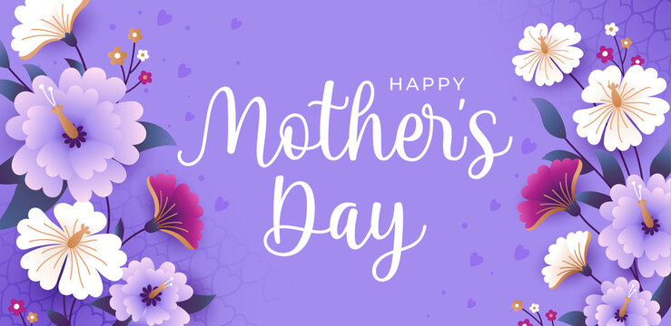 Happy Mothers day greeting card with white and light purple flowers. Vector illustration in a modern style