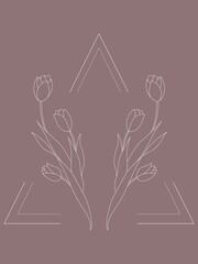 Floral Wreath branch in hand drawn style. Floral triangle brown and white frame of twigs, leaves and flowers. Frames for the Valentine's day, wedding decor, logo and identity template.