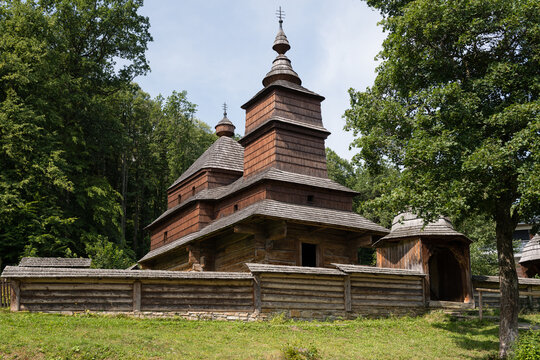 The Greek Catholic wooden church of St Nicolas from a village Zboj located in the museum of Folk Architecture in spa of Bardejov, Slovakia