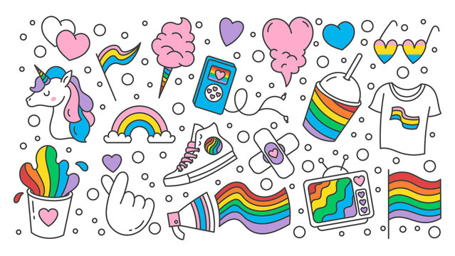 A set of LGBTQ+ community elements.Rainbow, abstraction,hand, sweets, hearts.Isolated on a white background.