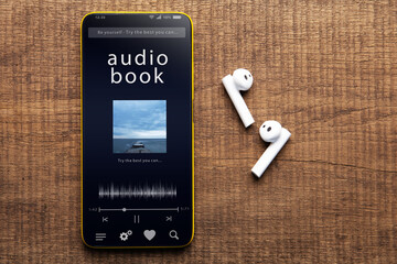 Streaming service. Listen audiobook online concept, online music player app on smartphone - 488737356