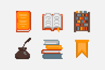 Set of books icons in pixel art style