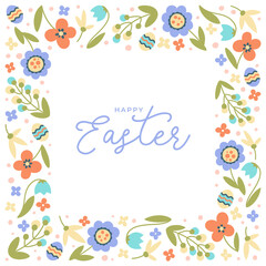 Happy Easter greeting card with eggs and colorful flowers. Frame with spring flowers. Template with place for your text
