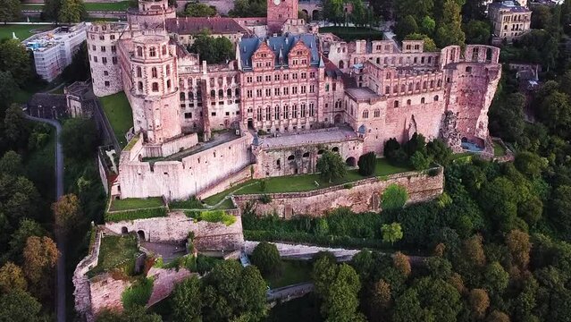 Heidelberg: Aerial view of Heidelberg Castle (Heidelberger Schloss), medieval fortress on hill above city in Germany, Europe.